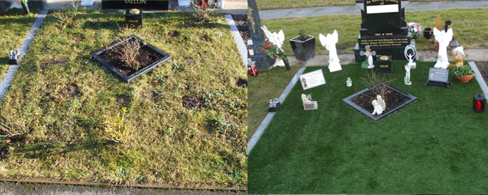 before and after of grave covered by artificial grass