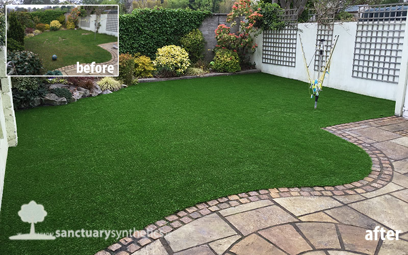 Fake grass lawn in a family garden