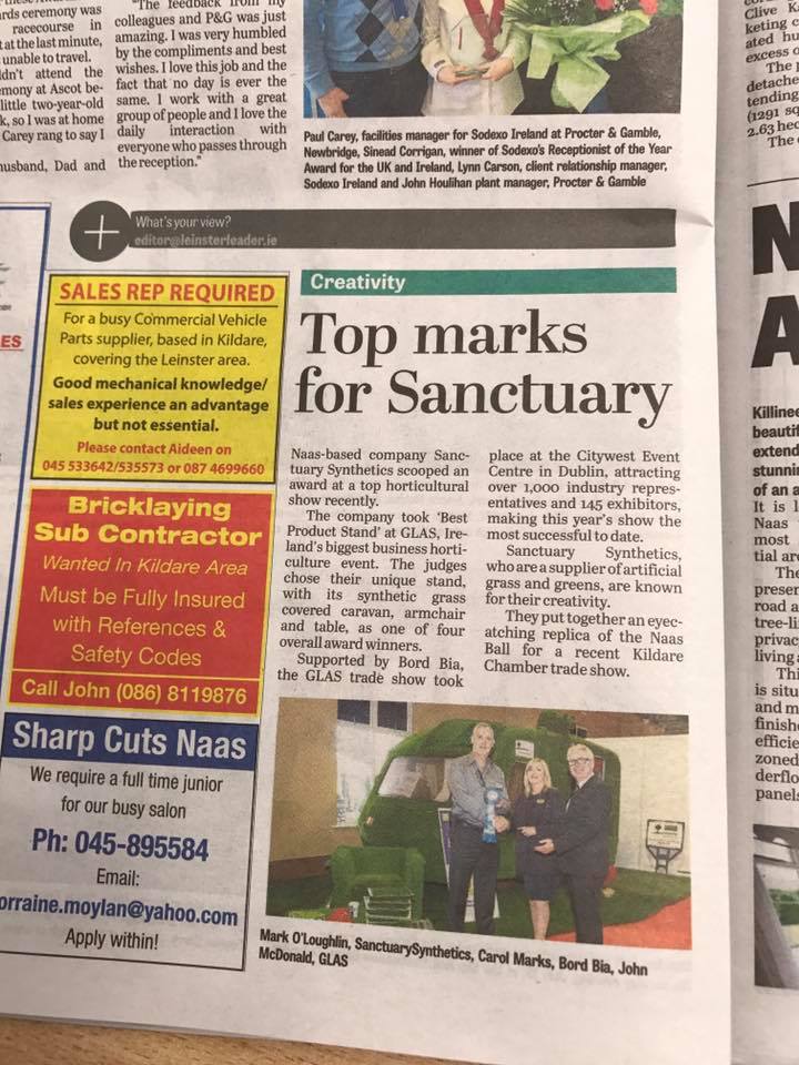 Leinster Leader coverage of Sanctuary Glas award July 2017