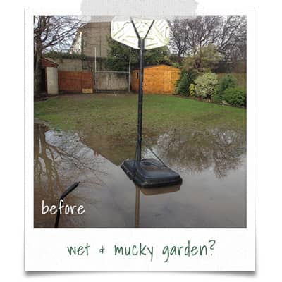 wet and mucky garden BEFORE artificial grass