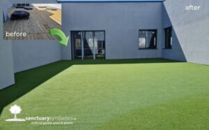 Deck transformation with artificial grass.