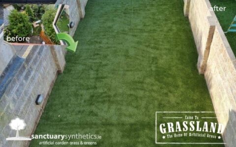Before and after garden overhaul with artificial grass