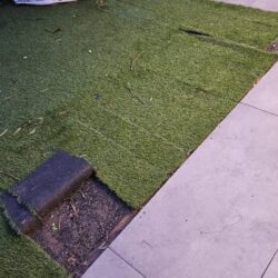 image of artificial grass not done correctly - no groundworks prepared, just rolled out and not fixed